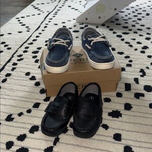 Sperry Navy Boat Shoes with White Laces and Black Kids Loafers